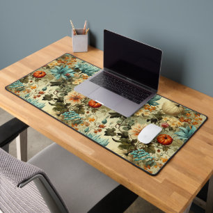 Country Teal Pumpkin Floral Vintage Desk Mat
