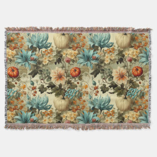 Country Teal Pumpkin Floral Vintage Throw Blanket