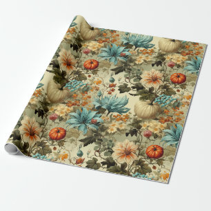 Country Teal Pumpkin Floral Vintage Wrapping Paper