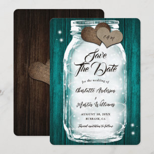 Country Teal Wood Hearts Lights Mason Jar Wedding Save The Date