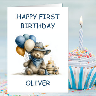 Country Teddy Bear 1st Birthday Card