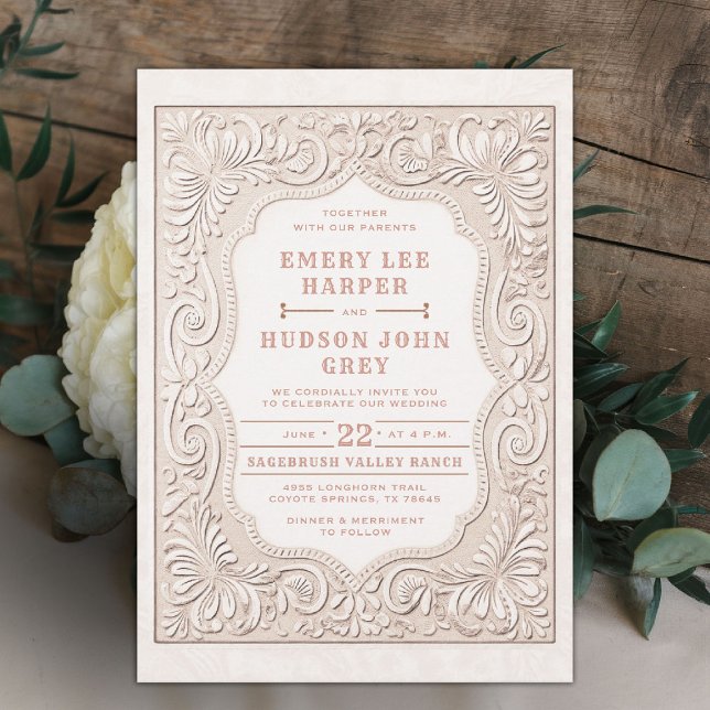 Country Tooled Leather Western Rose Cowboy Wedding Invitation (country western wedding invitation tooled leather white beige dusty rose rustic elegant barn)