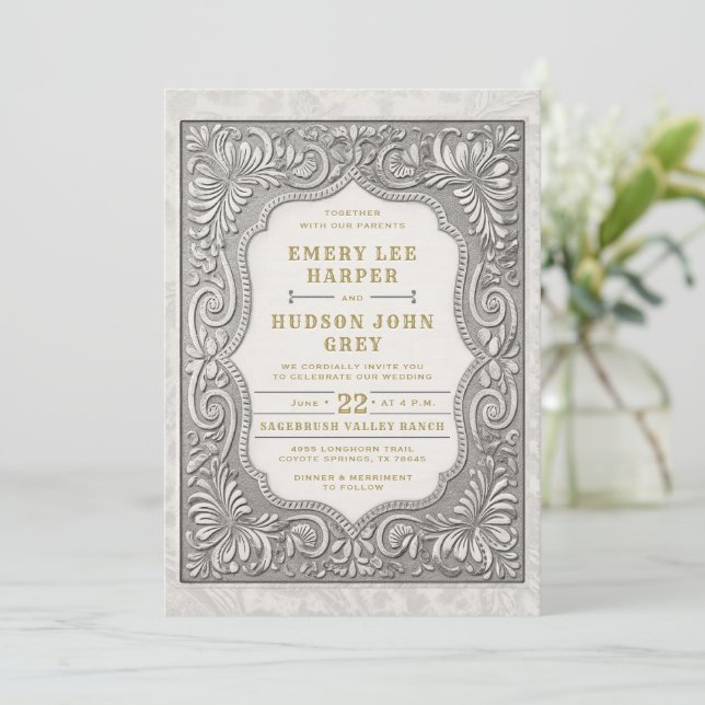 Country Tooled Leather Western Rugged Barn Wedding Invitation (Standing Front)