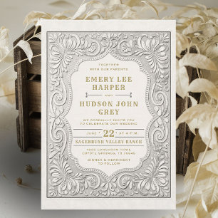Country Tooled Leather Western Rustic Gold Wedding Invitation