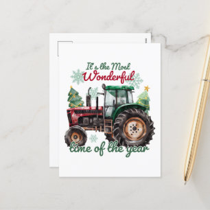 Country tractor watercolor Christmas Holiday Postcard