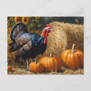Country Turkey with Pumpkins and Hay Thanksgiving  Holiday Postcard