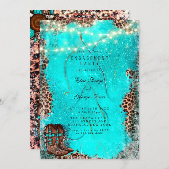 Country Turquoise Cowboy Boots Engagement Party Invitation (Front/Back)