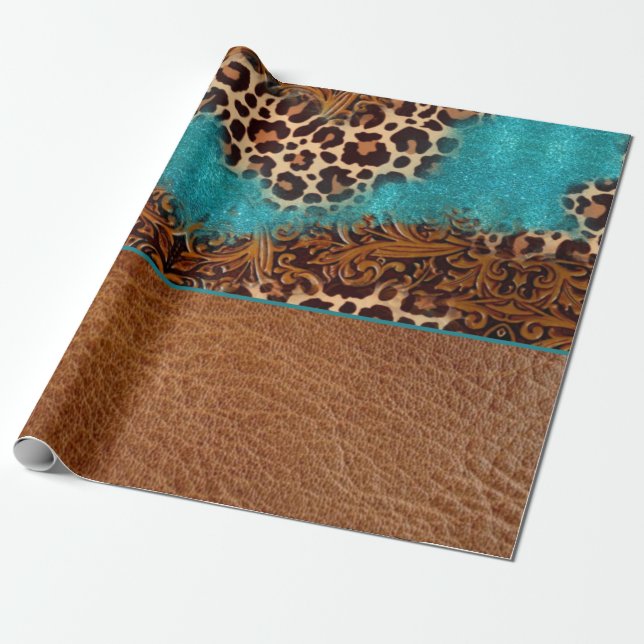 Country Turquoise Leopard Brown Faux Leather Wrapping Paper (Unrolled)