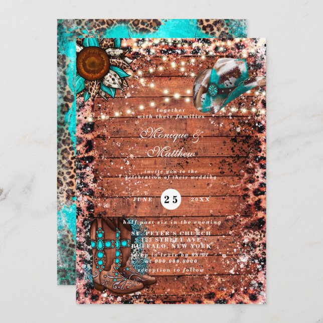 Country Turquoise Lights Wood Boots Wedding Invitation (Front/Back)