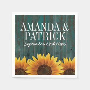 Country Turquoise Wood + Rustic Sunflower Wedding Napkin
