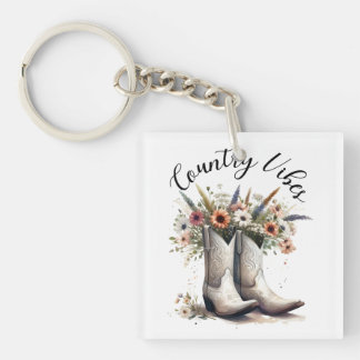 Country Vibes Western Boots and Flowers Watercolor Key Ring