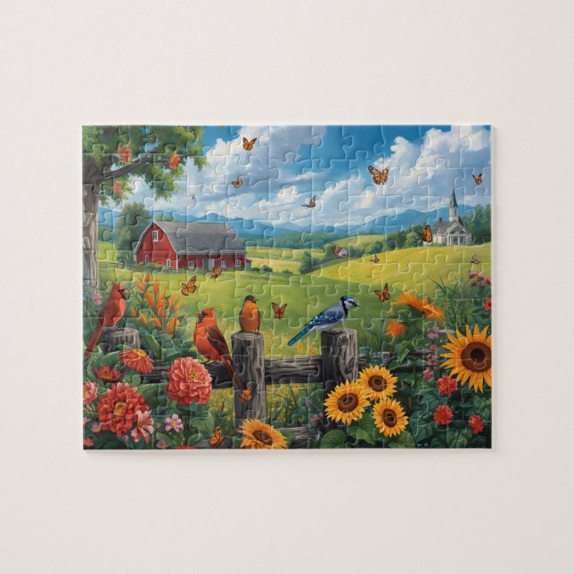 Country View Birds Sunflowers Red Barn Scene Jigsaw Puzzle (Horizontal)