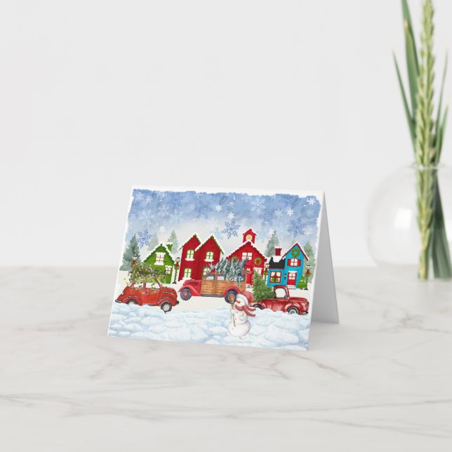 Country Village Retro Red Car Christmas Note Cards (Front)