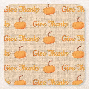 Country Vintage Give Thanks Pumpkins Square Paper Coaster