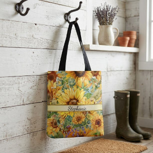 Country Vintage Style Watercolor Sunflowers Tote Bag