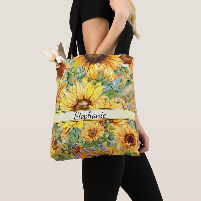 Country Vintage Style Watercolor Sunflowers Tote Bag (Close Up)