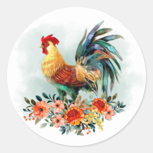 Country Watercolor Chicken Rooster Floral Bouquet Classic Round Sticker