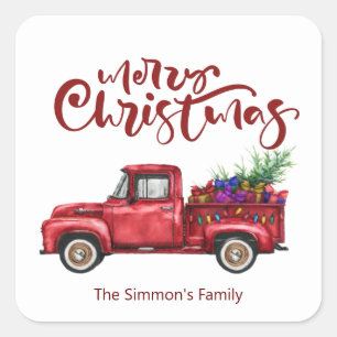 Country Watercolor Christmas Tree Pickup Truck Square Sticker