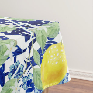 Country Watercolor Lemons & Blue Floral Tablecloth