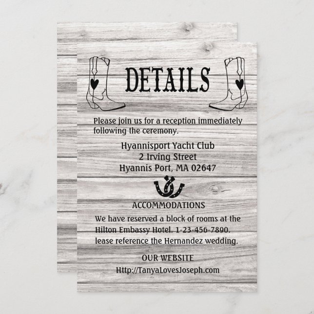Country Wedding Details Wood Cowboy Boots Western Invitation (Front/Back)
