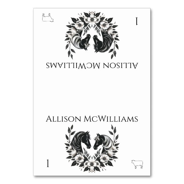 Country Wedding-Horses and Flowers Meat Table Number (Front)