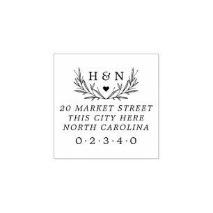 Country Wedding Initials Botanical Return Address Rubber Stamp
