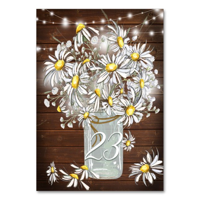Country Wedding Mason Jar Daisies BarefootBride™ Table Number (Front)