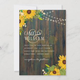 Country Wedding Rustic Wood Sunflowers Lights Inv Invitation