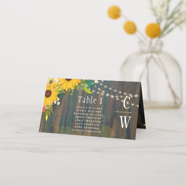 Country Wedding Rustic Wood Sunflowers Lights Place Card (Front)