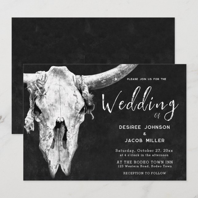 Country Western Black And White Rodeo Bull Skull Invitation (Front/Back)