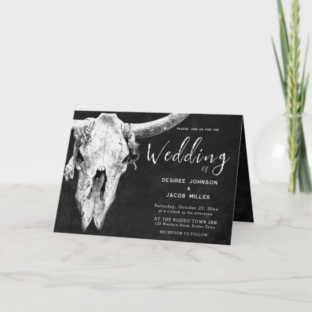 Country Western Black And White Rodeo Bull Skull Invitation (Front)