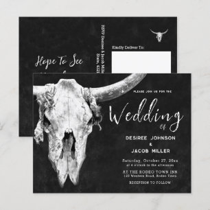 Country Western Black And White Rodeo Bull Skull  Invitation Postcard