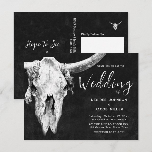 Country Western Black And White Rodeo Bull Skull  Invitation Postcard (Front/Back)