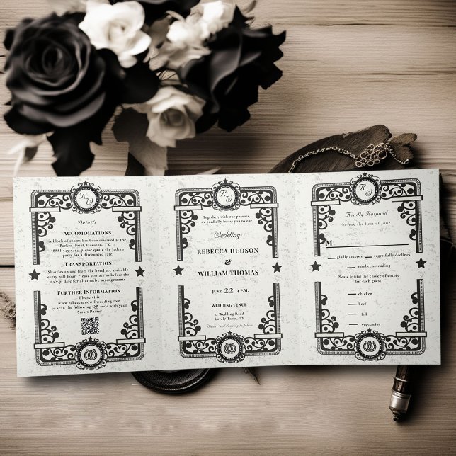 Country Western Black White Rustic Trifold Wedding (country western black and white wedding invitation all in one formal elegant modern cowgirl ranch)
