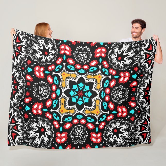 Country Western Boho Chic Elegant Red and Aqua Fleece Blanket (In Situ)