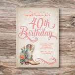Country Western Boots 40th Birthday Invitation<br><div class="desc">Kick up your bootheels for a great girls' night with this country western birthday invitation! Features a gorgeous cowgirl boot and florals, along with vintage calligraphy. Perfect for your favourite cowgirl or country music fan on her 40th birthday. Order your printed invitations and party supplies or download your digital invitations...</div>