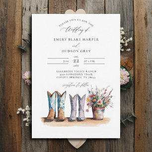 Country Western Boots Wildflowers Rustic Wedding Invitation