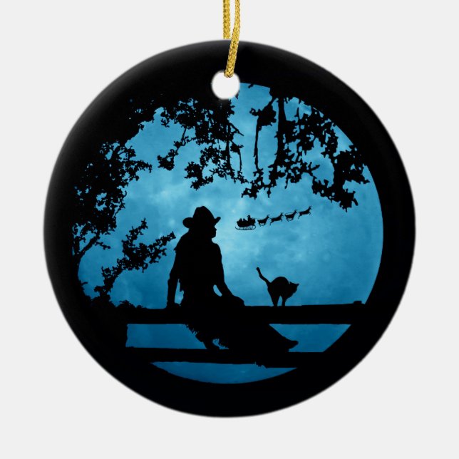 Country Western Christmas Cowgirl and Santa Fun  Ceramic Ornament (Front)