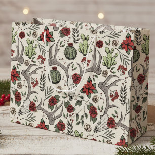 Country Western Christmas Floral Reindeer Skull Large Gift Bag