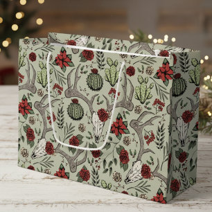 Country Western Christmas Floral Reindeer Skull Large Gift Bag