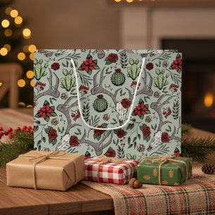 Country Western Christmas Floral Reindeer Skull Large Gift Bag