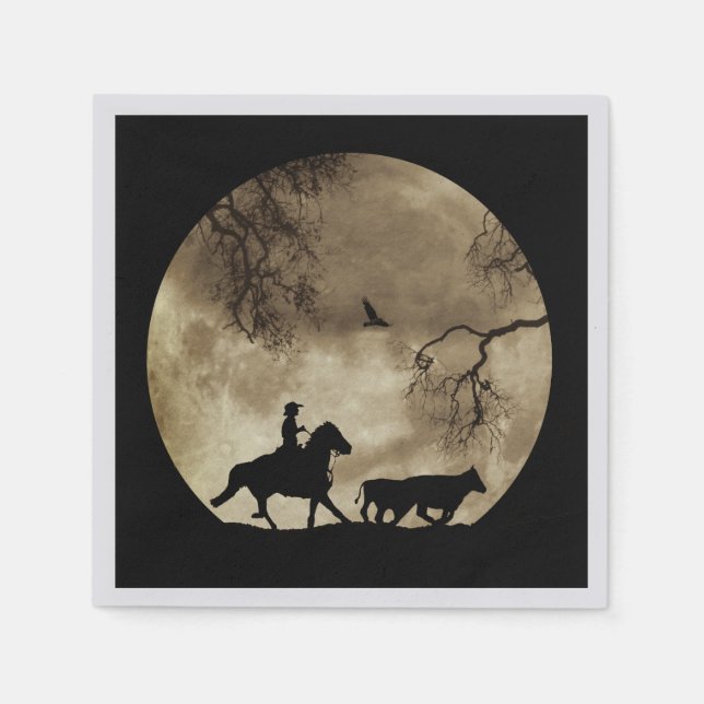 Country Western Cowboy and Horse in Moonlight Napkin (Front)