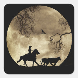 Country Western Cowboy and Horse Moon Square Sticker