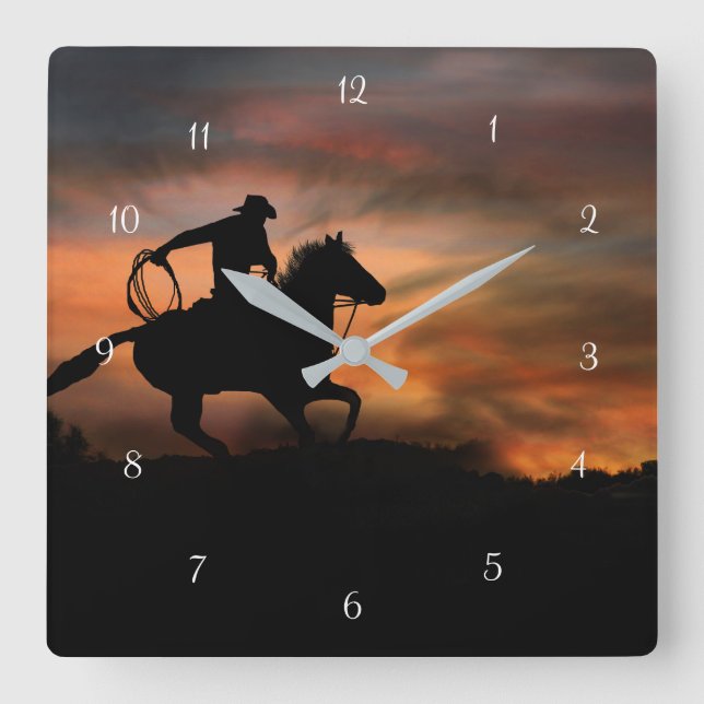 Country Western Cowboy and Horse Square Wall Clock (Front)