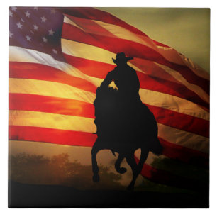 Country Western Cowboy and Horse With Flag Ceramic Tile