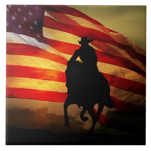 Country Western Cowboy and Horse With Flag Ceramic Tile (Front)