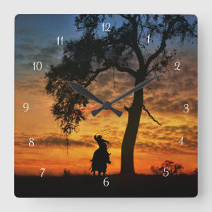 Country Western Cowboy and Oak Tree Roping Square Wall Clock