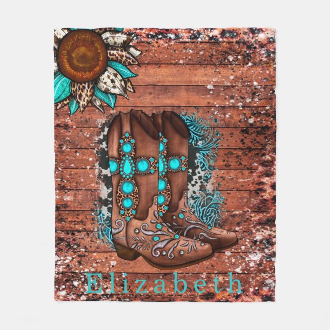 Country Western Cowboy Boots and Flower Custom  Fleece Blanket (Front)