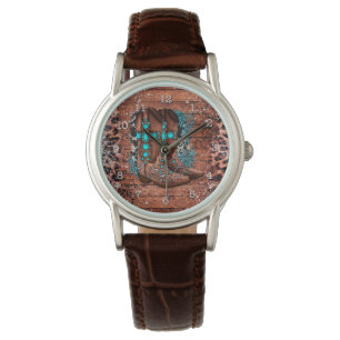 Country Western Cowboy Boots Leopard Print Teal Watch