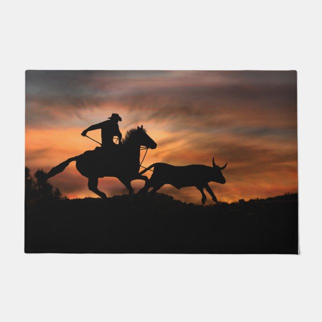 Country Western Cowboy Roping Steer Doormat (Front)